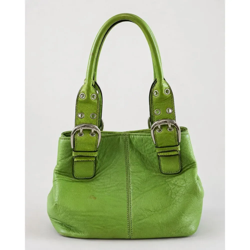 Tignanello Lime Green Leather Shoulder Bag Y2K Buckle Grommet Purse